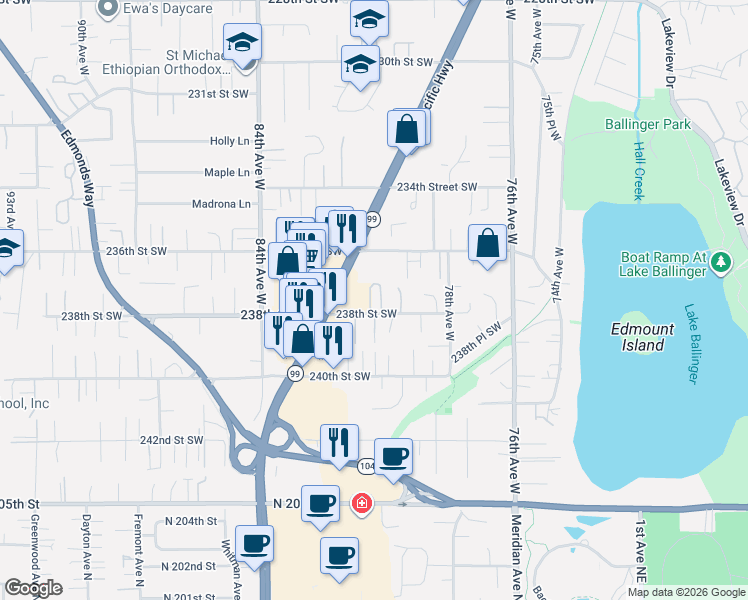 map of restaurants, bars, coffee shops, grocery stores, and more near 23727 80th Court West in Edmonds