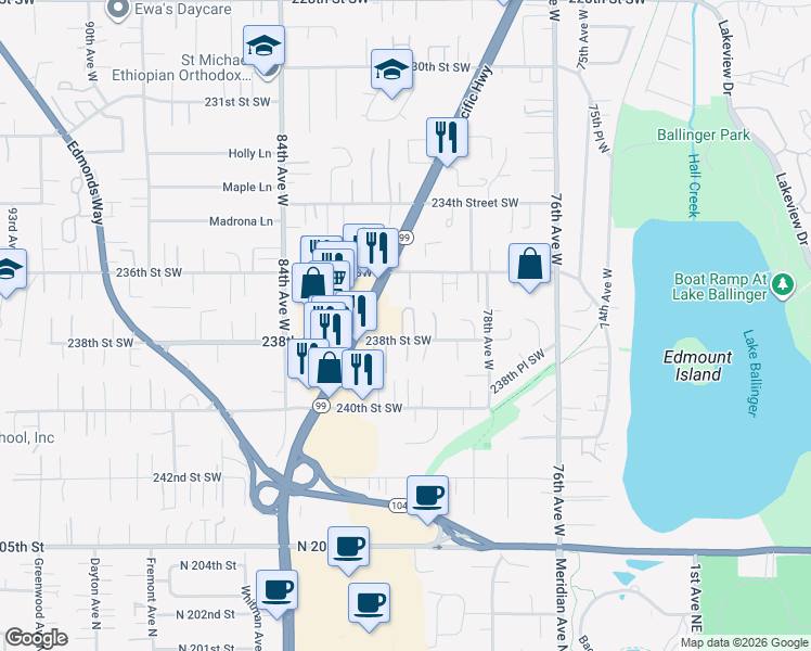 map of restaurants, bars, coffee shops, grocery stores, and more near 23727 80th Court West in Edmonds