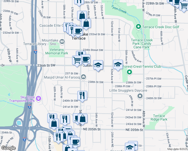 map of restaurants, bars, coffee shops, grocery stores, and more near 23606 54th Avenue West in Mountlake Terrace