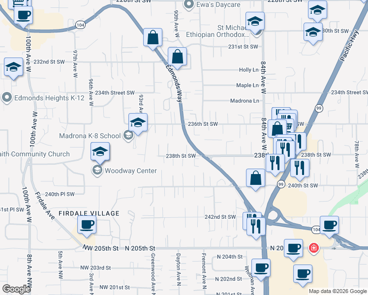map of restaurants, bars, coffee shops, grocery stores, and more near 8909 238th Street Southwest in Edmonds