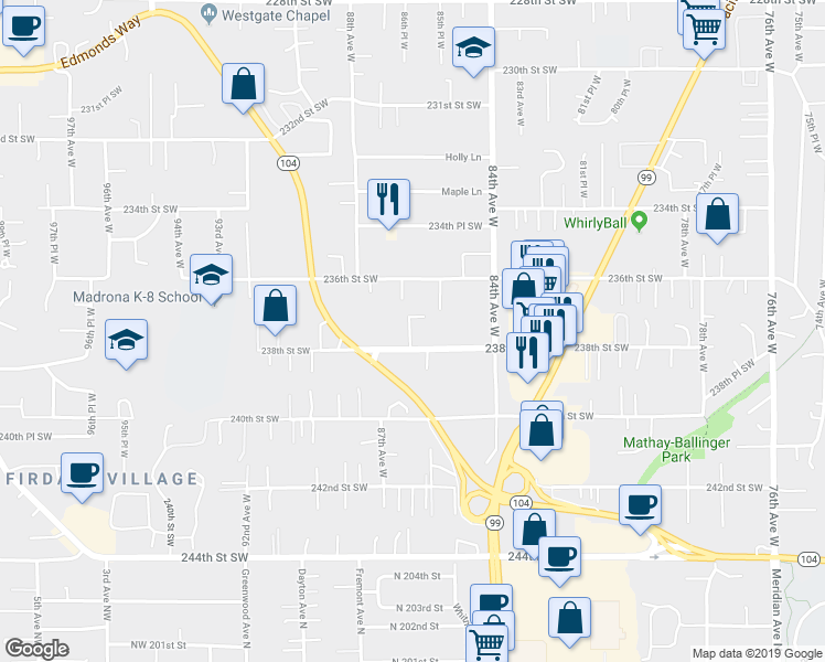 map of restaurants, bars, coffee shops, grocery stores, and more near 8615 238th Street Southwest in Edmonds