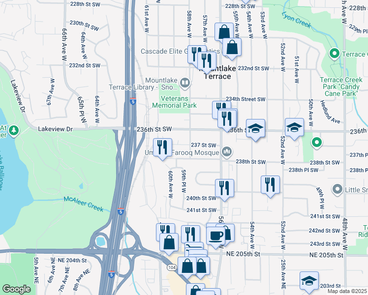map of restaurants, bars, coffee shops, grocery stores, and more near 5804 237 Street Southwest in Mountlake Terrace
