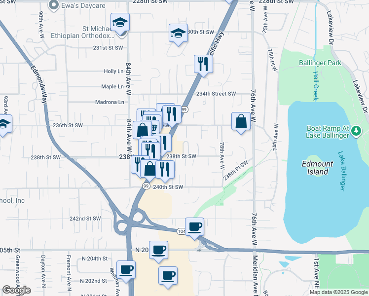 map of restaurants, bars, coffee shops, grocery stores, and more near 23725 80th Court West in Edmonds