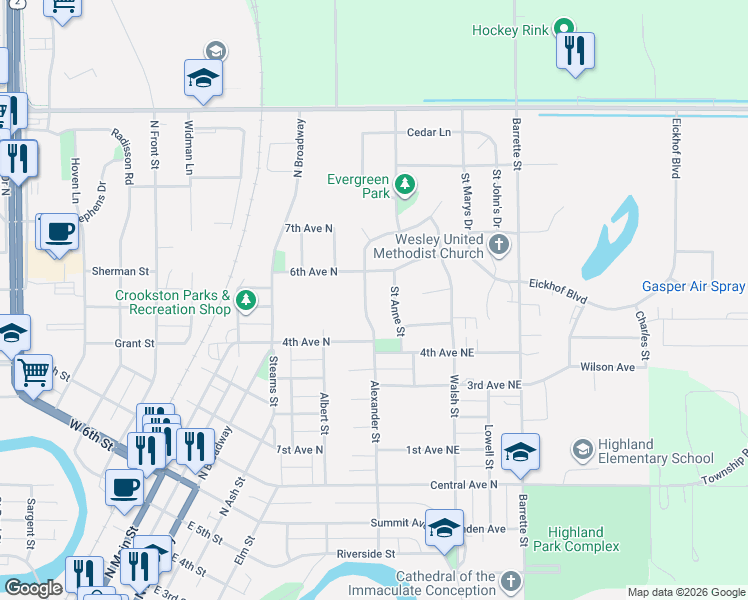 map of restaurants, bars, coffee shops, grocery stores, and more near 1206 Alexander Street in Crookston