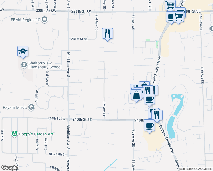 map of restaurants, bars, coffee shops, grocery stores, and more near 23525 3rd Avenue Southeast in Bothell
