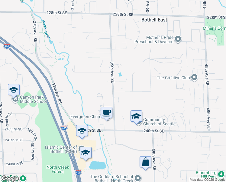 map of restaurants, bars, coffee shops, grocery stores, and more near 23123 35th Avenue Southeast in Bothell
