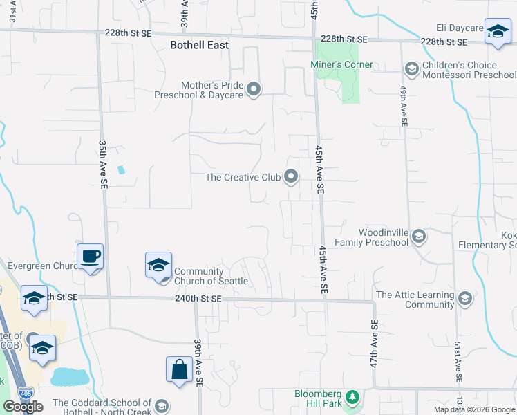 map of restaurants, bars, coffee shops, grocery stores, and more near 4139 237th Place Southeast in Bothell