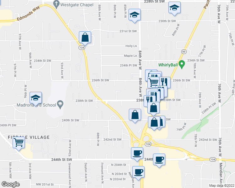 map of restaurants, bars, coffee shops, grocery stores, and more near 8615 238th Street Southwest in Edmonds