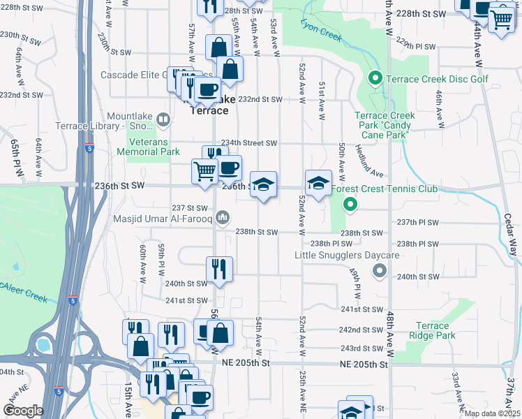 map of restaurants, bars, coffee shops, grocery stores, and more near 23607 54th Avenue West in Mountlake Terrace