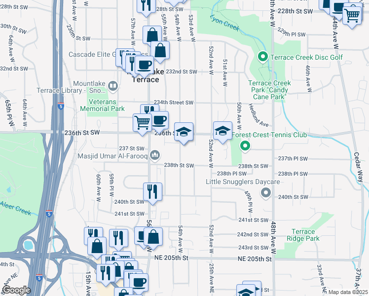 map of restaurants, bars, coffee shops, grocery stores, and more near 23607 54th Avenue West in Mountlake Terrace