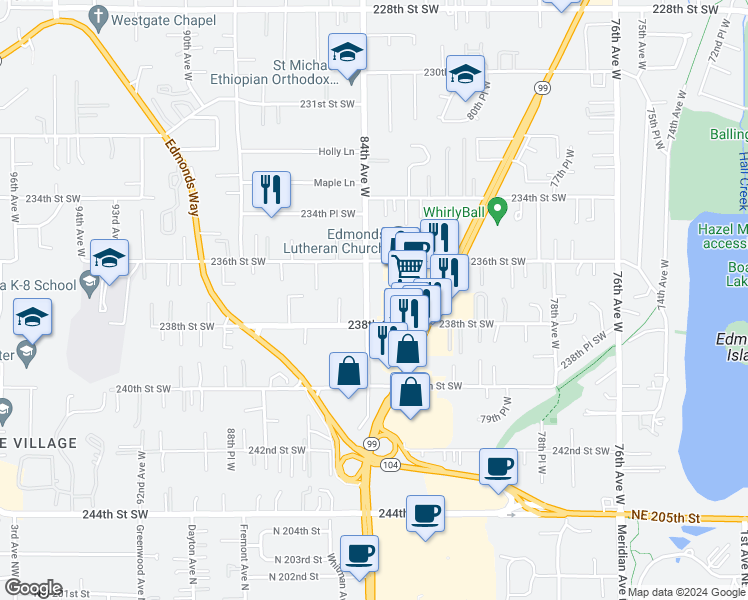 map of restaurants, bars, coffee shops, grocery stores, and more near 23711 84th Avenue West in Edmonds