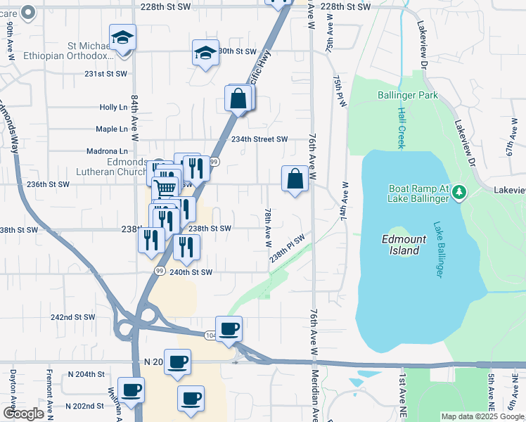 map of restaurants, bars, coffee shops, grocery stores, and more near 23719 78th Pl W in Edmonds
