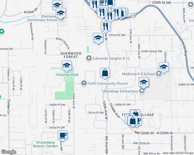 map of restaurants, bars, coffee shops, grocery stores, and more near 23707 101st Place West in Edmonds