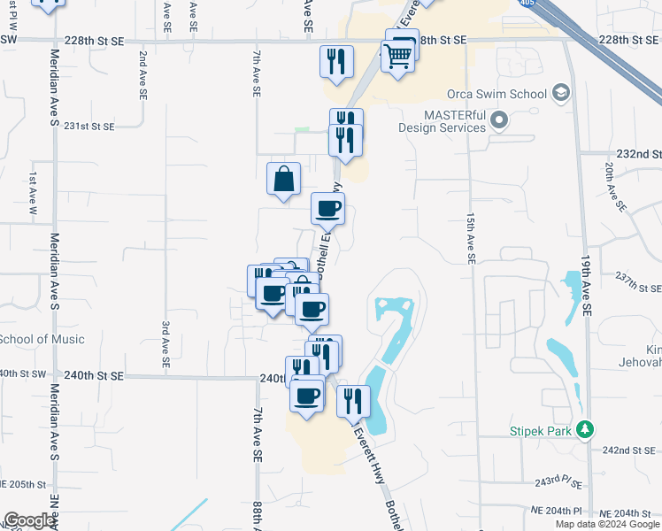 map of restaurants, bars, coffee shops, grocery stores, and more near 23583-23625 Bothell Everett Highway in Bothell