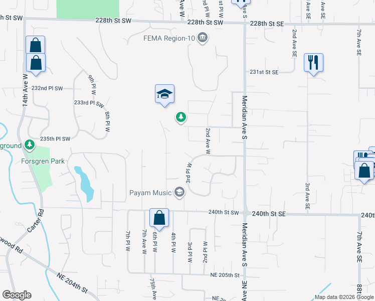 map of restaurants, bars, coffee shops, grocery stores, and more near 23606 3rd Place West in Bothell