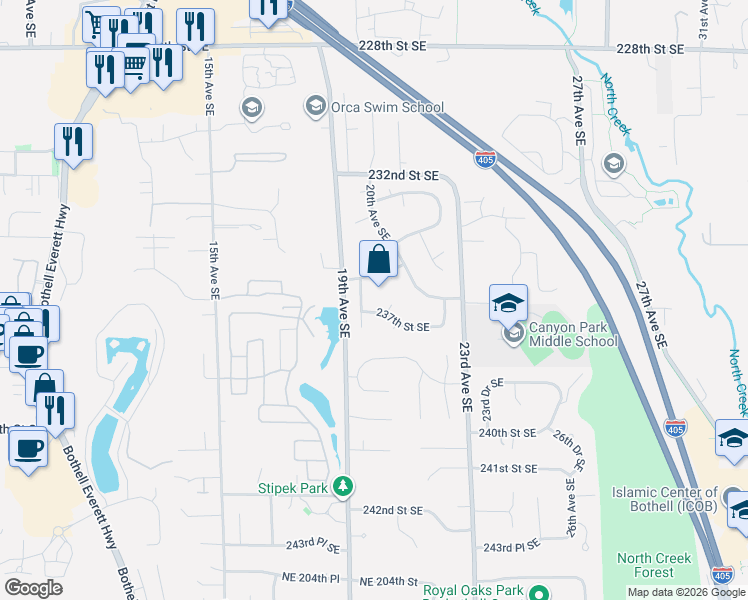 map of restaurants, bars, coffee shops, grocery stores, and more near 1925 237th Street Southeast in Bothell