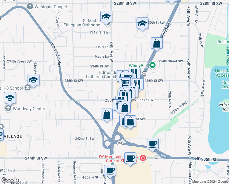 map of restaurants, bars, coffee shops, grocery stores, and more near 23711 84th Avenue West in Edmonds