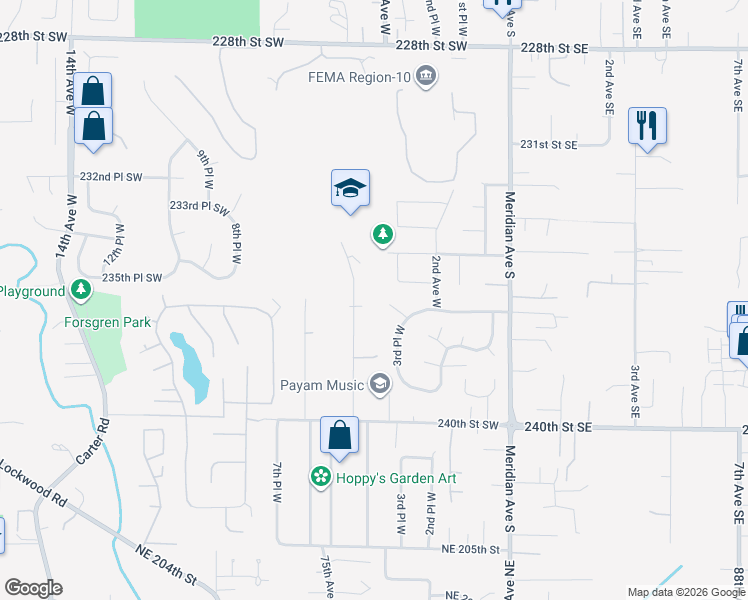 map of restaurants, bars, coffee shops, grocery stores, and more near 23605 5th Avenue West in Bothell