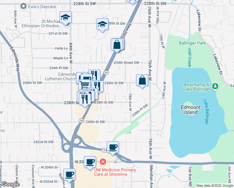 map of restaurants, bars, coffee shops, grocery stores, and more near 23710 80th Lane West in Edmonds
