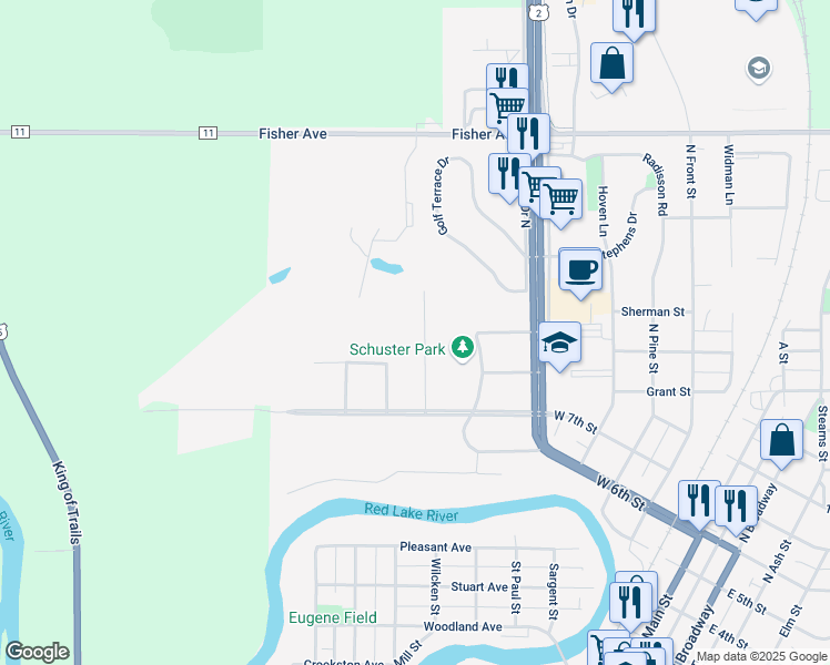 map of restaurants, bars, coffee shops, grocery stores, and more near 825 Thorndale Avenue in Crookston