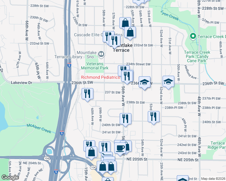 map of restaurants, bars, coffee shops, grocery stores, and more near 5701 237 Street Southwest in Mountlake Terrace