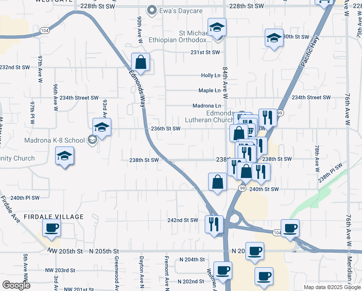 map of restaurants, bars, coffee shops, grocery stores, and more near 8705 238th Street Southwest in Edmonds