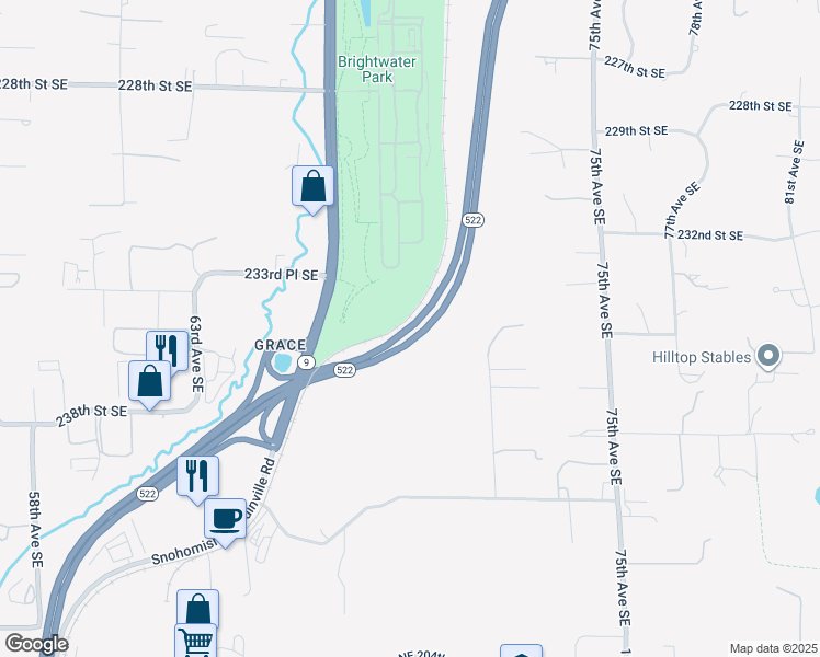 map of restaurants, bars, coffee shops, grocery stores, and more near Highway 522 in Woodinville