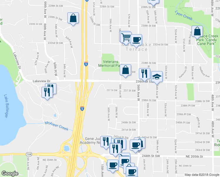 map of restaurants, bars, coffee shops, grocery stores, and more near 5903 237 Street Southwest in Mountlake Terrace