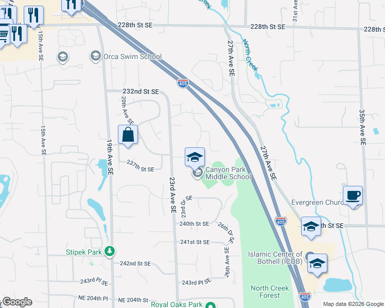 map of restaurants, bars, coffee shops, grocery stores, and more near 23524 25th Drive Southeast in Bothell