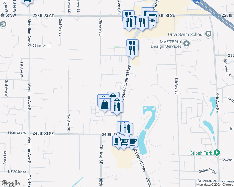 map of restaurants, bars, coffee shops, grocery stores, and more near 814 235th Place Southeast in Bothell