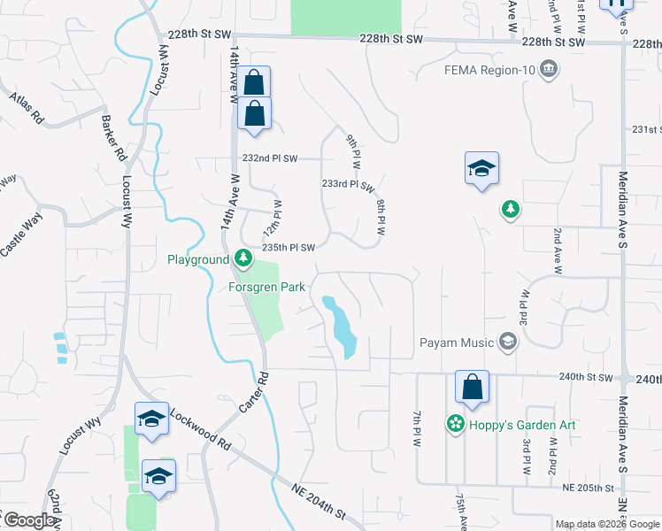 map of restaurants, bars, coffee shops, grocery stores, and more near 1015 236th Place Southwest in Bothell