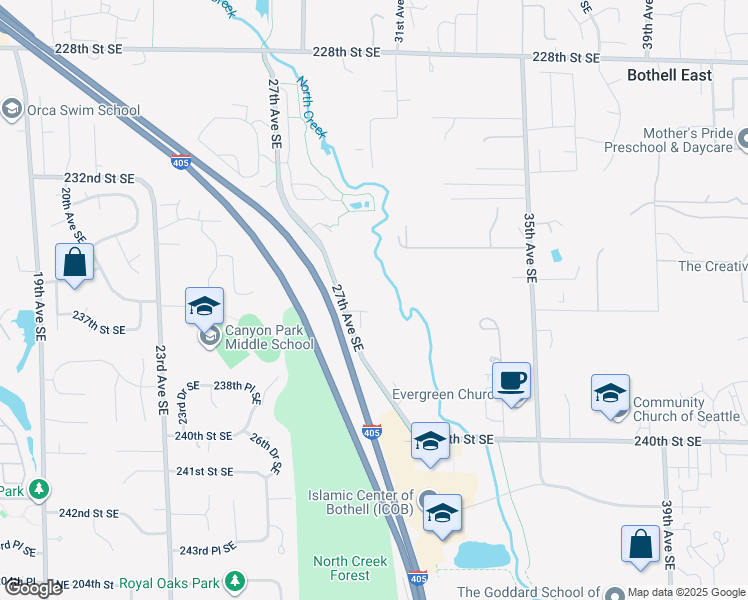 map of restaurants, bars, coffee shops, grocery stores, and more near 23525 27th Avenue Southeast in Bothell