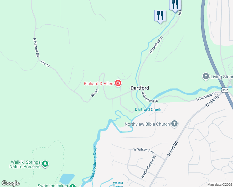 map of restaurants, bars, coffee shops, grocery stores, and more near 608 Route 11 in Spokane