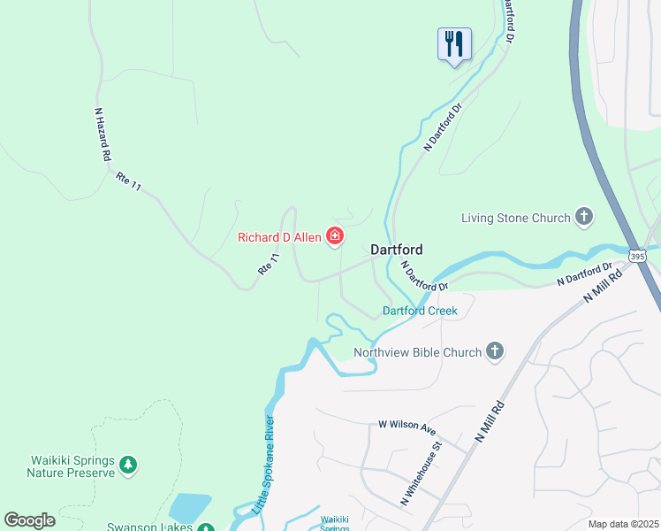 map of restaurants, bars, coffee shops, grocery stores, and more near 608 Route 11 in Spokane