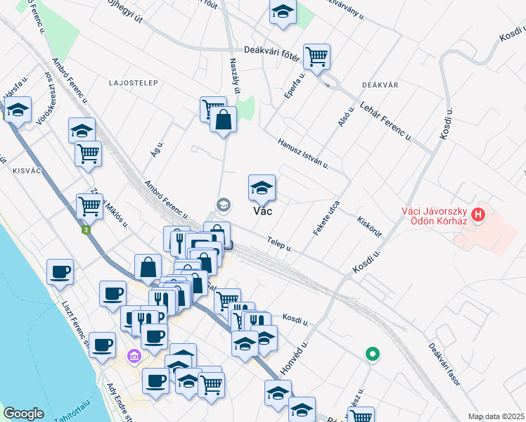 map of restaurants, bars, coffee shops, grocery stores, and more near in Vác