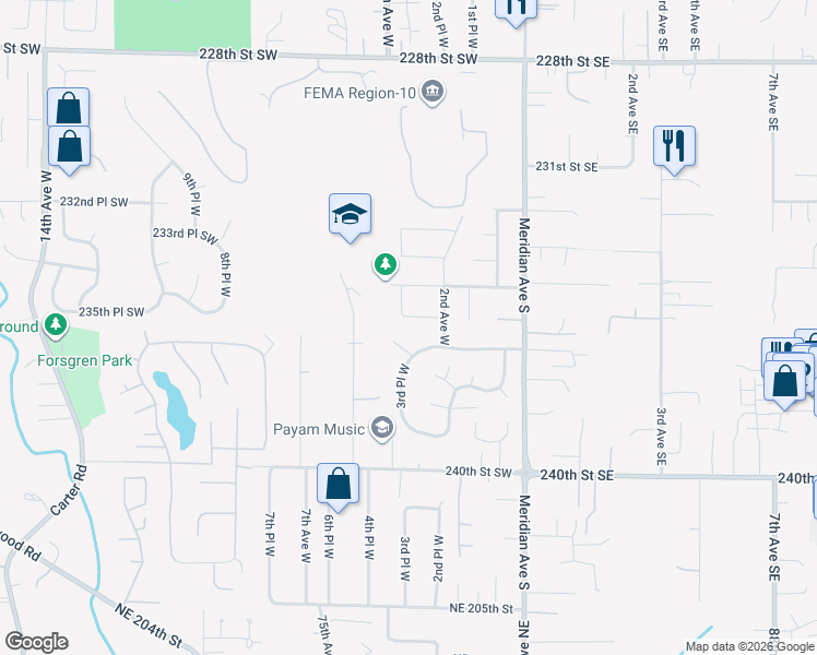 map of restaurants, bars, coffee shops, grocery stores, and more near 23606 3rd Place West in Bothell