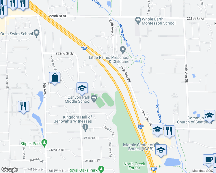map of restaurants, bars, coffee shops, grocery stores, and more near 2502 233rd Place Southeast in Bothell