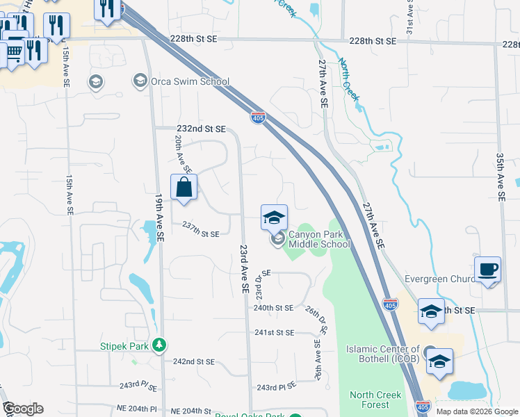 map of restaurants, bars, coffee shops, grocery stores, and more near 23524 25th Drive Southeast in Bothell
