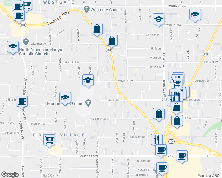 map of restaurants, bars, coffee shops, grocery stores, and more near 8905 238th Street Southwest in Edmonds