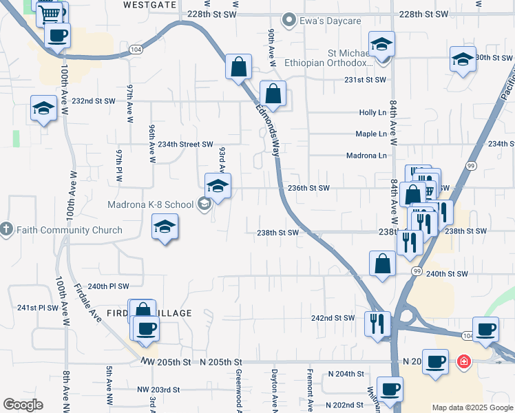 map of restaurants, bars, coffee shops, grocery stores, and more near 23702 91st Avenue West in Edmonds