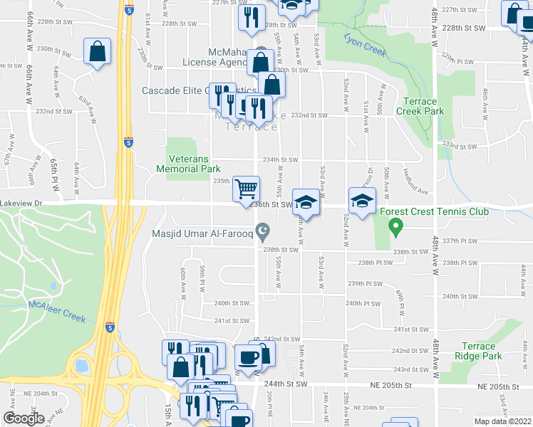 map of restaurants, bars, coffee shops, grocery stores, and more near 23608 56th Avenue West in Mountlake Terrace