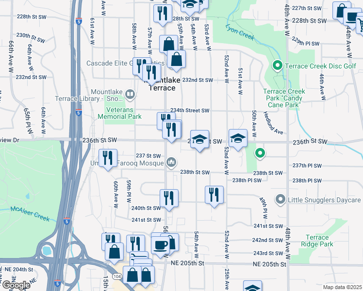 map of restaurants, bars, coffee shops, grocery stores, and more near 23606 54th Avenue West in Mountlake Terrace