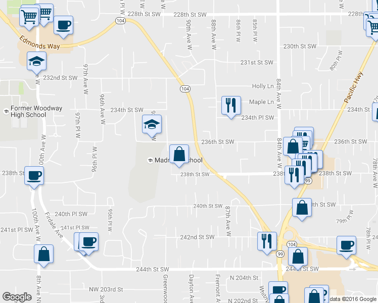 map of restaurants, bars, coffee shops, grocery stores, and more near 8905 238th Street Southwest in Edmonds