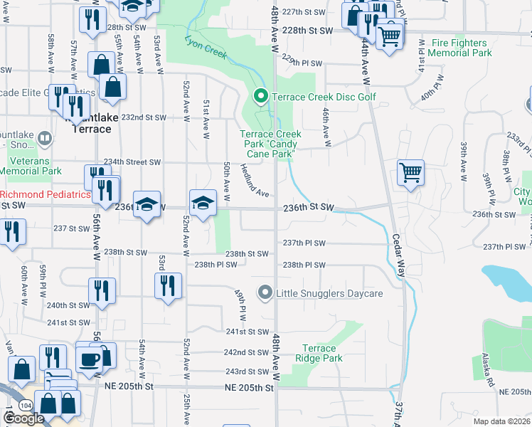 map of restaurants, bars, coffee shops, grocery stores, and more near 4802 236th Street Southwest in Mountlake Terrace