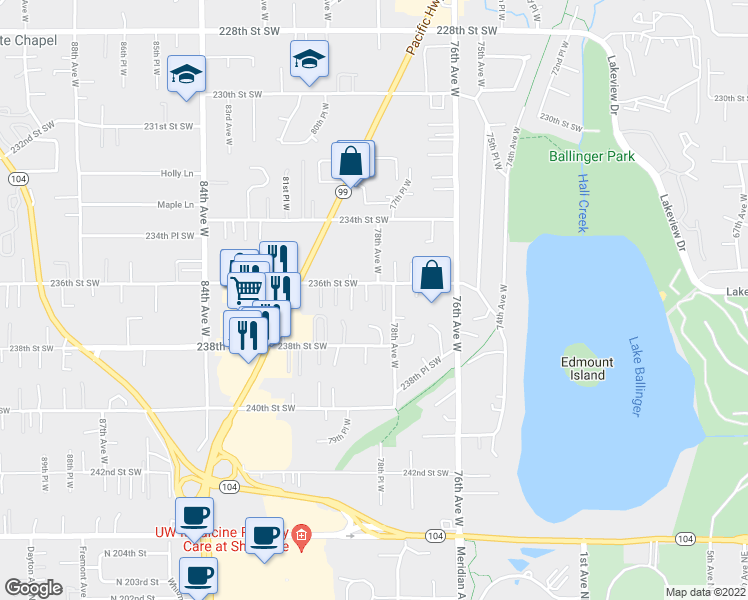 map of restaurants, bars, coffee shops, grocery stores, and more near 23719 78th Place West in Edmonds