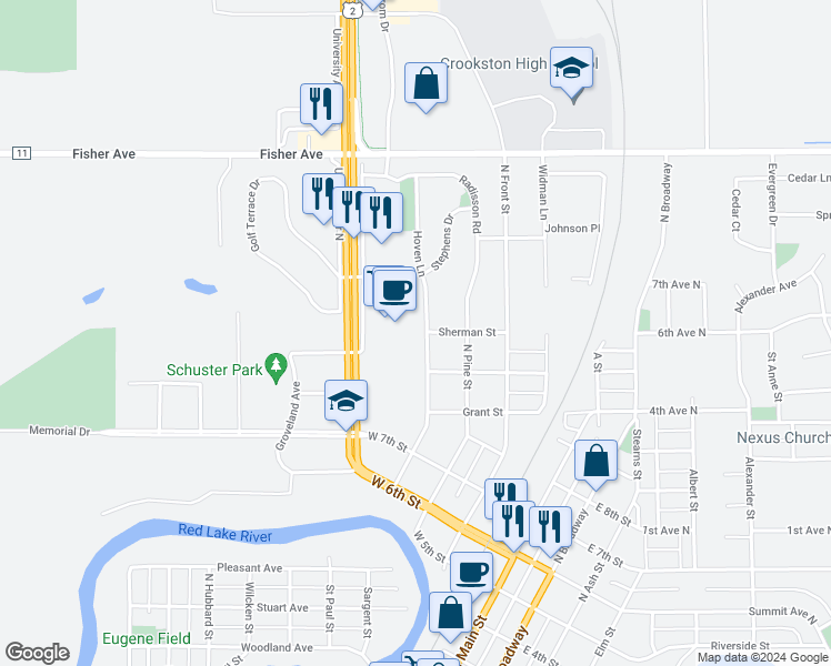 map of restaurants, bars, coffee shops, grocery stores, and more near in Crookston
