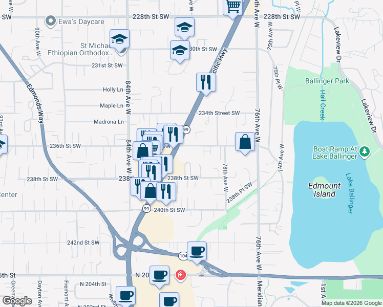map of restaurants, bars, coffee shops, grocery stores, and more near 7924 236th Street Southwest in Edmonds