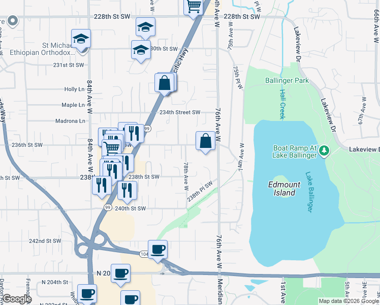 map of restaurants, bars, coffee shops, grocery stores, and more near 7726 236th Street Southwest in Edmonds