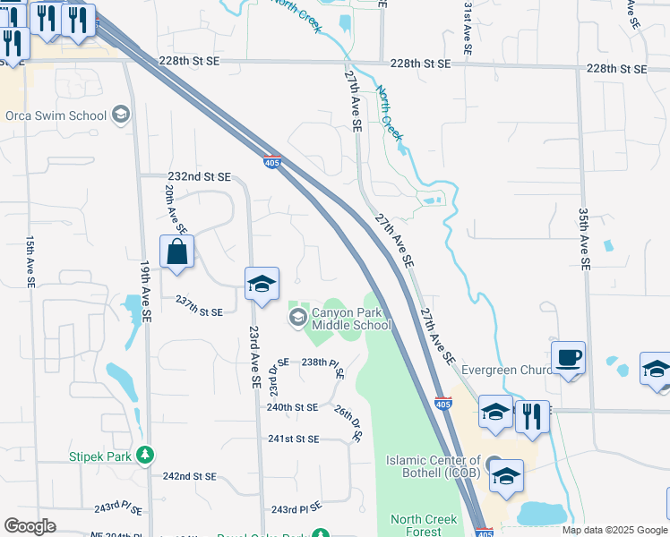 map of restaurants, bars, coffee shops, grocery stores, and more near 2502 233rd Place Southeast in Bothell