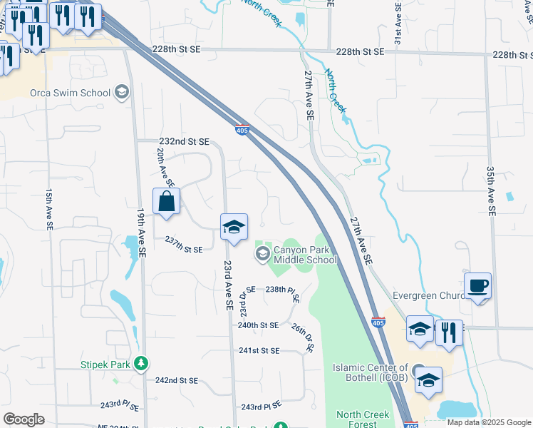 map of restaurants, bars, coffee shops, grocery stores, and more near 23509 25th Drive Southeast in Bothell